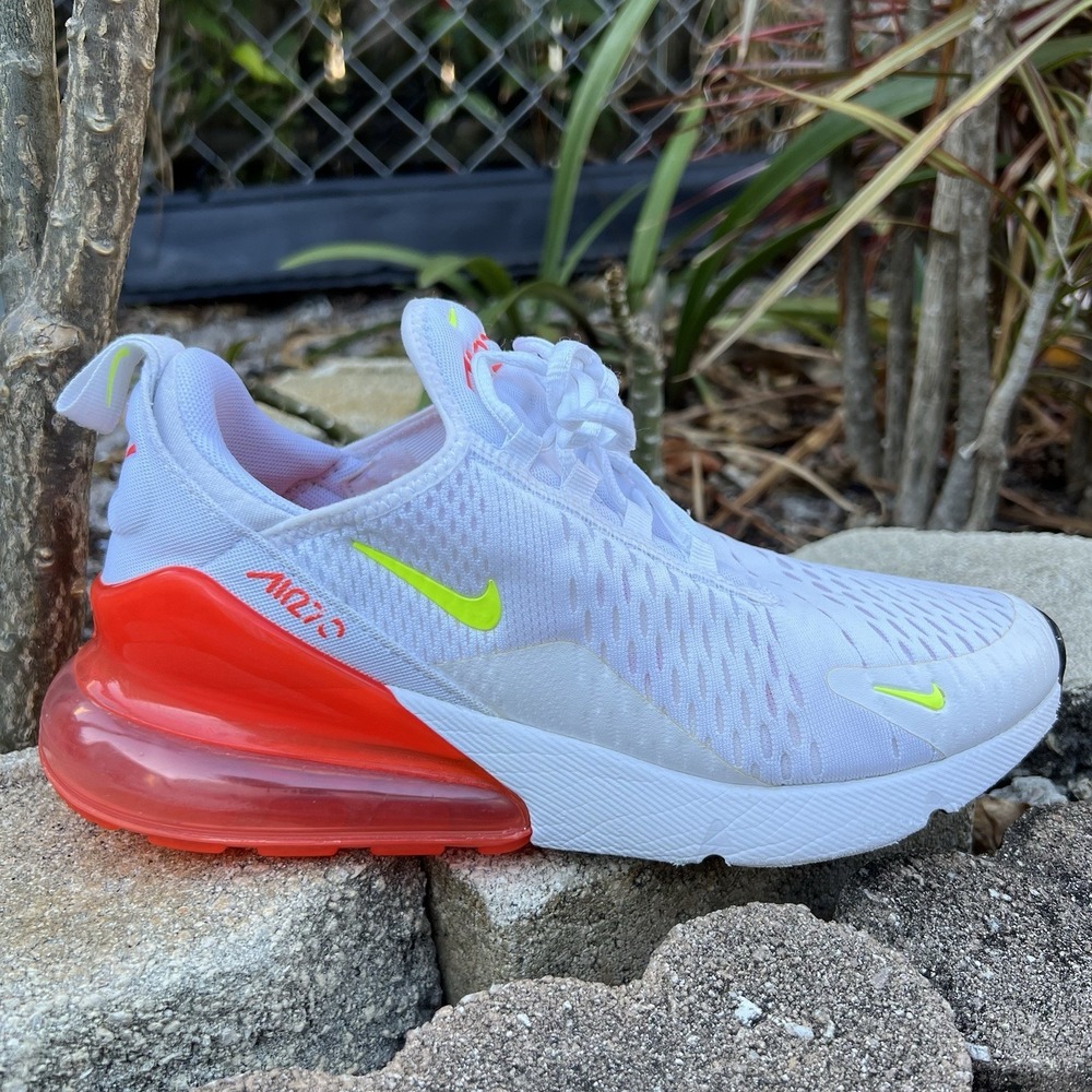 Nike Air Max 270 White with Neon Yellow and Red-Orange Accents